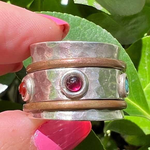 VINTAGE PORTUGUESE MULTI GEMSTONE SPINNER WIDE BAND RING STERLING SILVER